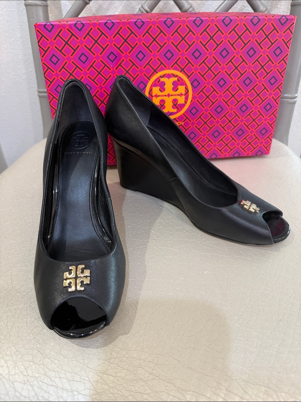 Tory Burch Black Leather Peep-Toe Wedges with Gold Logo